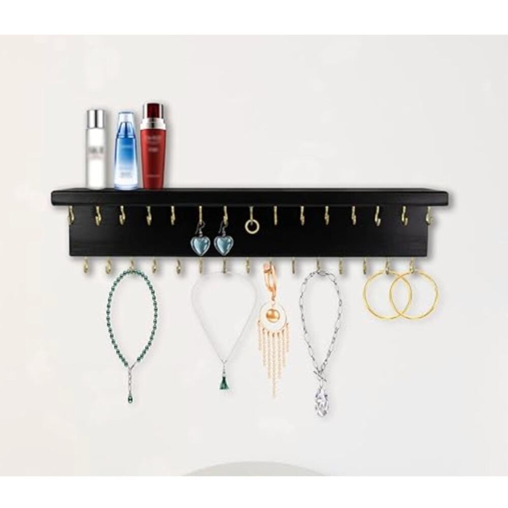 Hair Bow/Jewelry Organizer with 24 Hooks and Shelf, Wall Mounted- Black - Picture 3 of 5